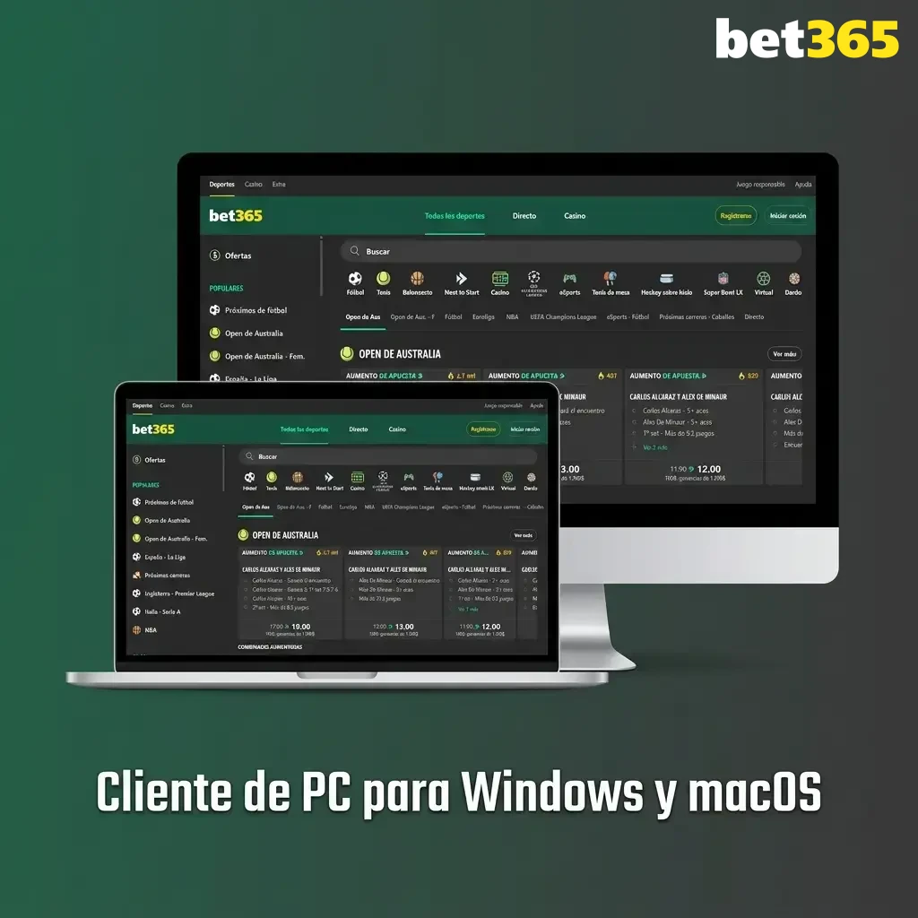 Cliente de PC Bet365 para Windows y macOS accesible desde navegador web sin descarga