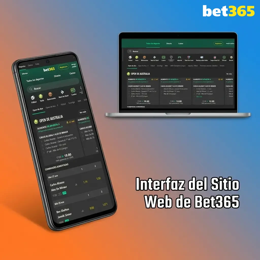 Interfaz del sitio web de Bet365 con barra de navegación superior mostrando secciones de deportes, casino y más